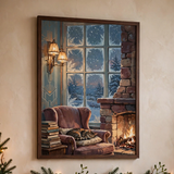 Fireside Reading Nook poster framed in a cozy living room
