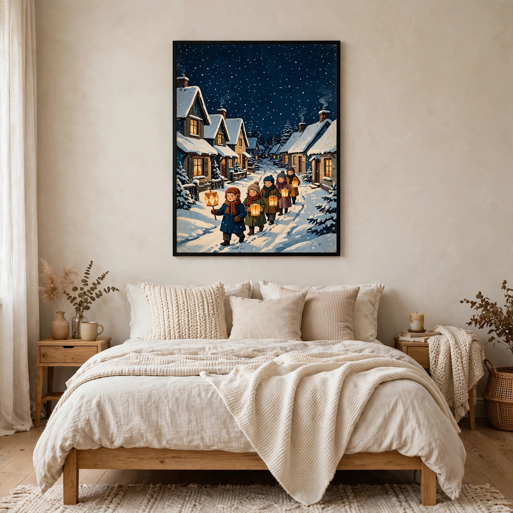 Lantern Parade on a Snowy Lane poster in a minimalist bedroom