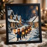 Close-up detail of Lantern Parade on a Snowy Lane poster print quality