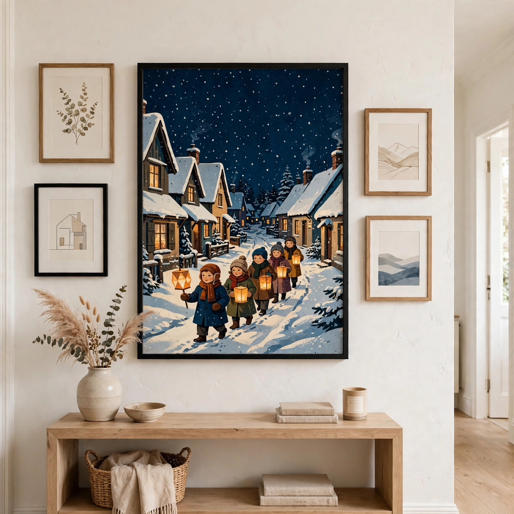 Lantern Parade on a Snowy Lane poster as centerpiece of a gallery wall