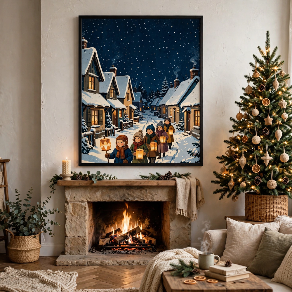 Lantern Parade on a Snowy Lane poster framed in a cozy living room
