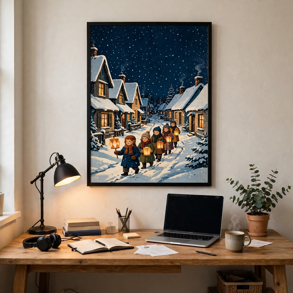 Lantern Parade on a Snowy Lane poster in a home office