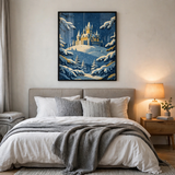 Snowy Castle on the Hill poster in a cozy bedroom