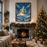 Snowy Castle on the Hill poster framed in a cozy living room