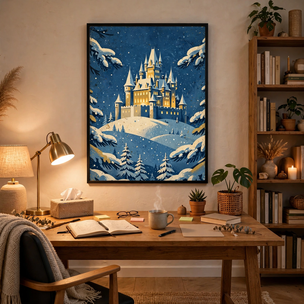 Snowy Castle on the Hill poster in a home office