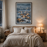 Frost Fair on the Frozen Thames — vintage winter poster framed in a cozy bedroom