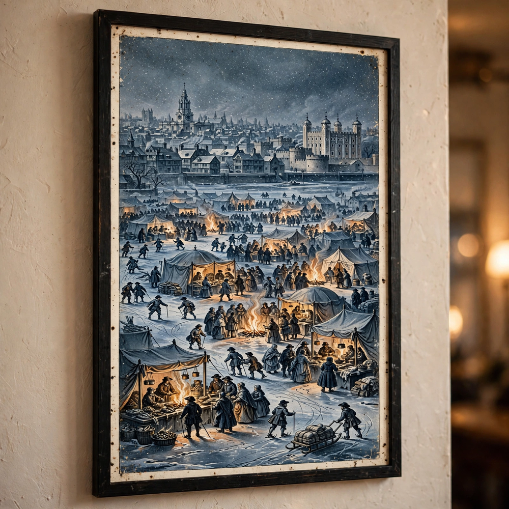 Frost Fair on the Frozen Thames — vintage winter poster framed in a cozy close-up detail