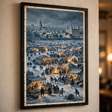 Frost Fair on the Frozen Thames — vintage winter poster framed in a cozy close-up detail