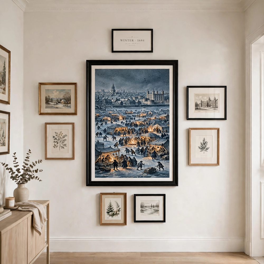 Frost Fair on the Frozen Thames — vintage winter poster framed in a cozy gallery wall