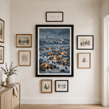 Frost Fair on the Frozen Thames — vintage winter poster framed in a cozy gallery wall