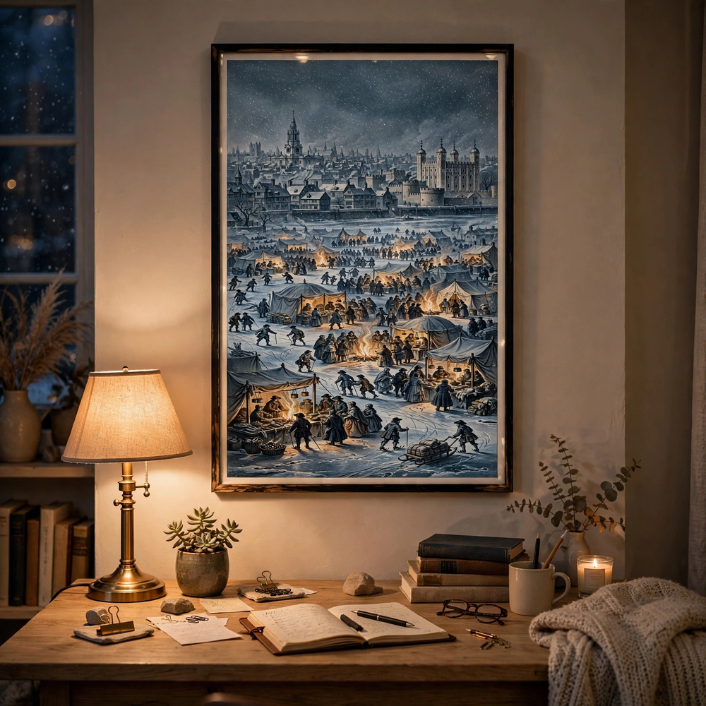Frost Fair on the Frozen Thames — vintage winter poster framed in a cozy home office