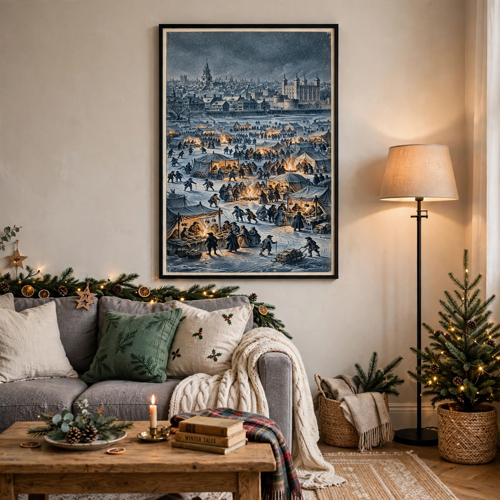 Frost Fair on the Frozen Thames — vintage winter poster framed in a cozy living room