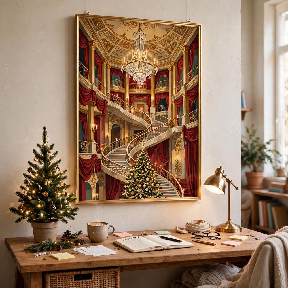 Opera House Christmas Gala poster framed in a home office