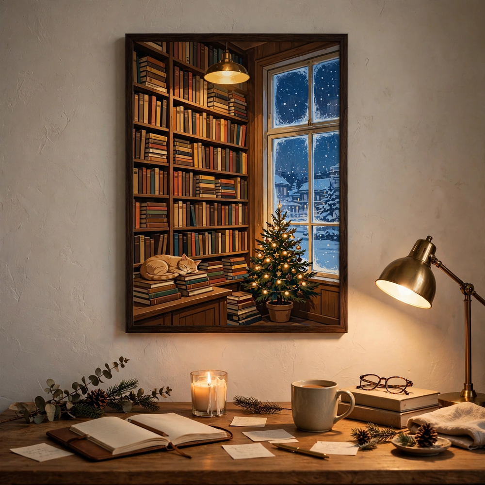 The Winter Bookshop poster in home office