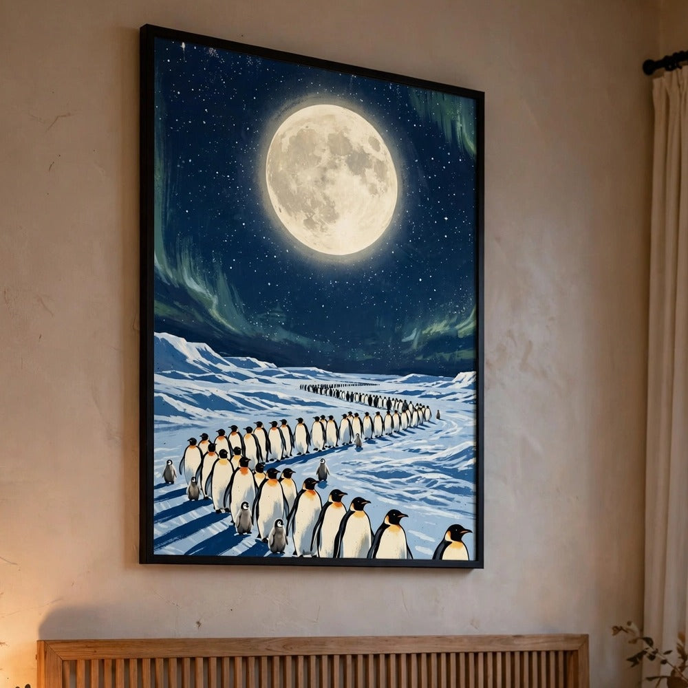 Moonlit Penguin Parade poster framed in a warm bedroom
