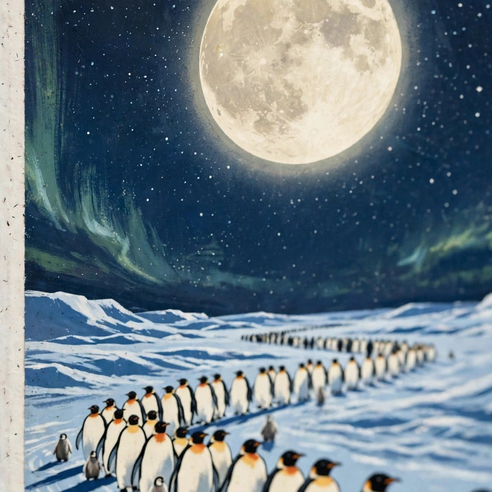 Close-up detail of Moonlit Penguin Parade poster print