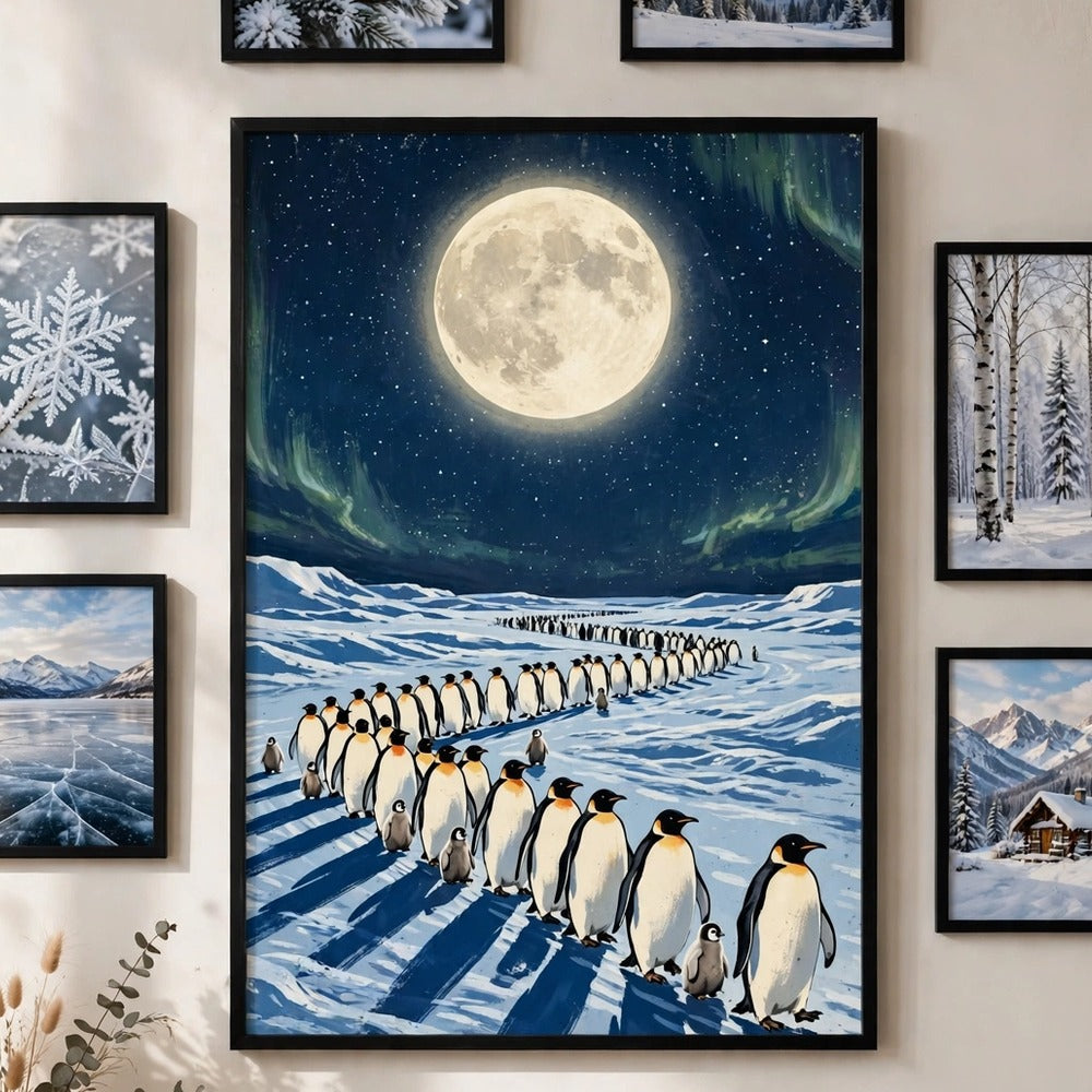 Moonlit Penguin Parade poster as centerpiece of a gallery wall