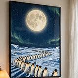 Moonlit Penguin Parade poster framed in a home office