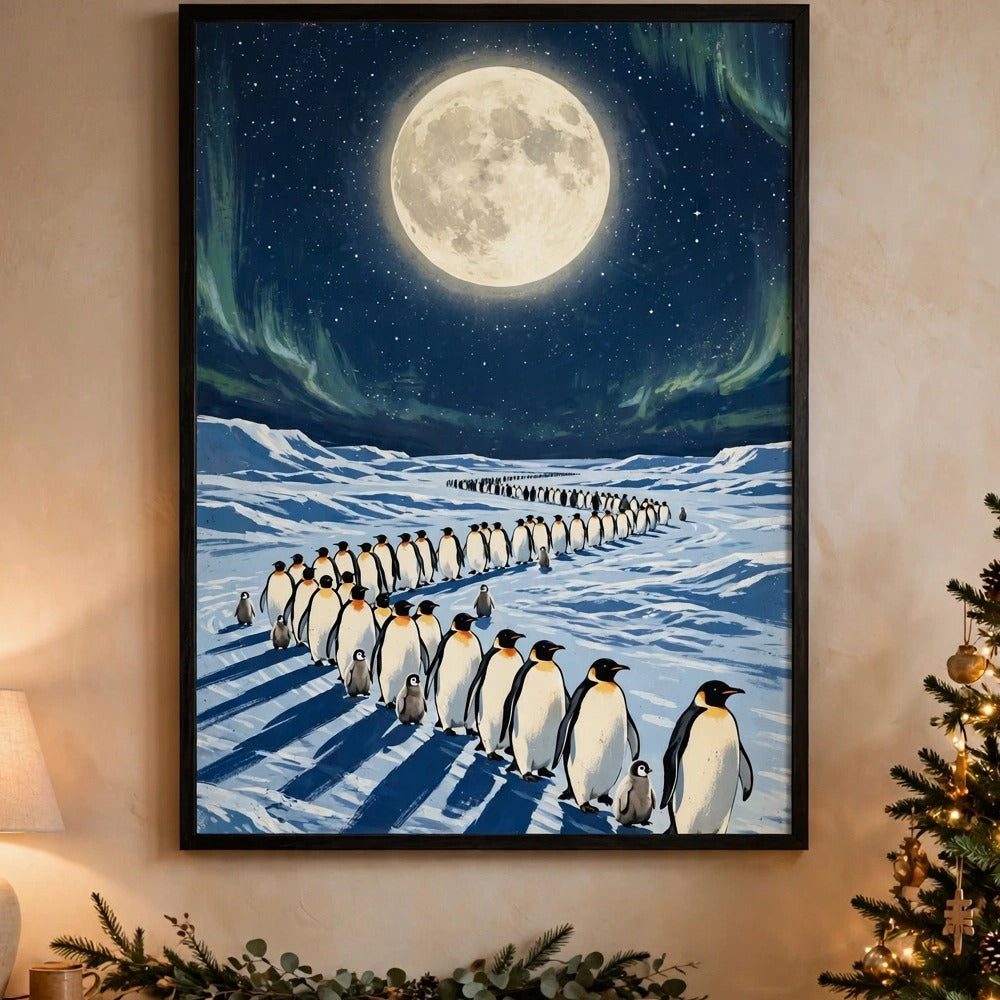 Moonlit Penguin Parade poster framed in a cozy living room