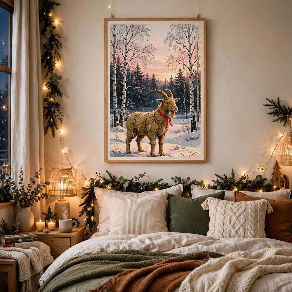Yule Goat at Dawn — Vintage Winter Landscape Poster