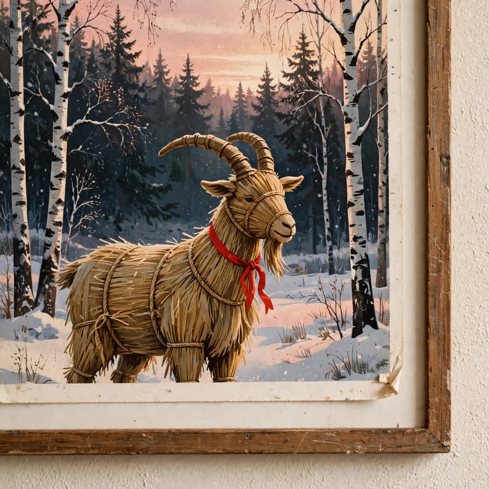 Yule Goat at Dawn — Vintage Winter Landscape Poster