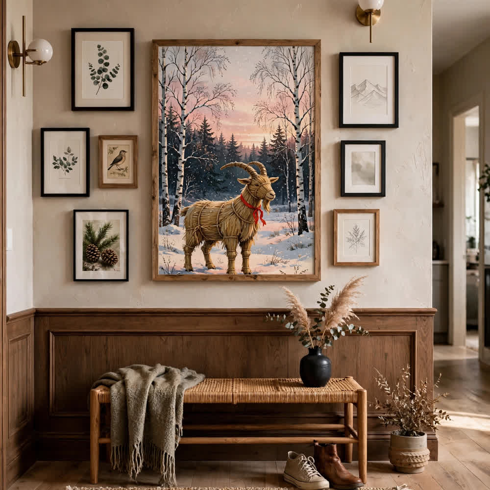 Yule Goat at Dawn — Vintage Winter Landscape Poster