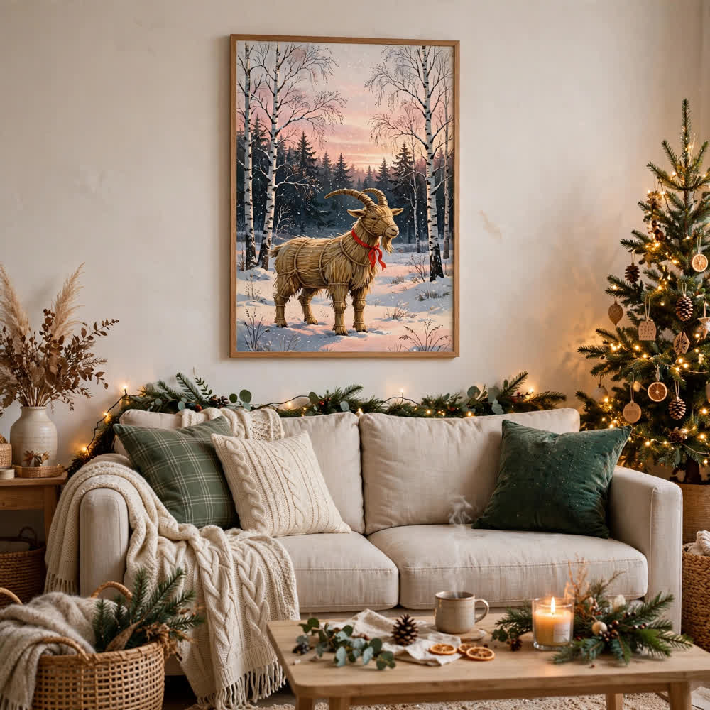 Yule Goat at Dawn — Vintage Winter Landscape Poster