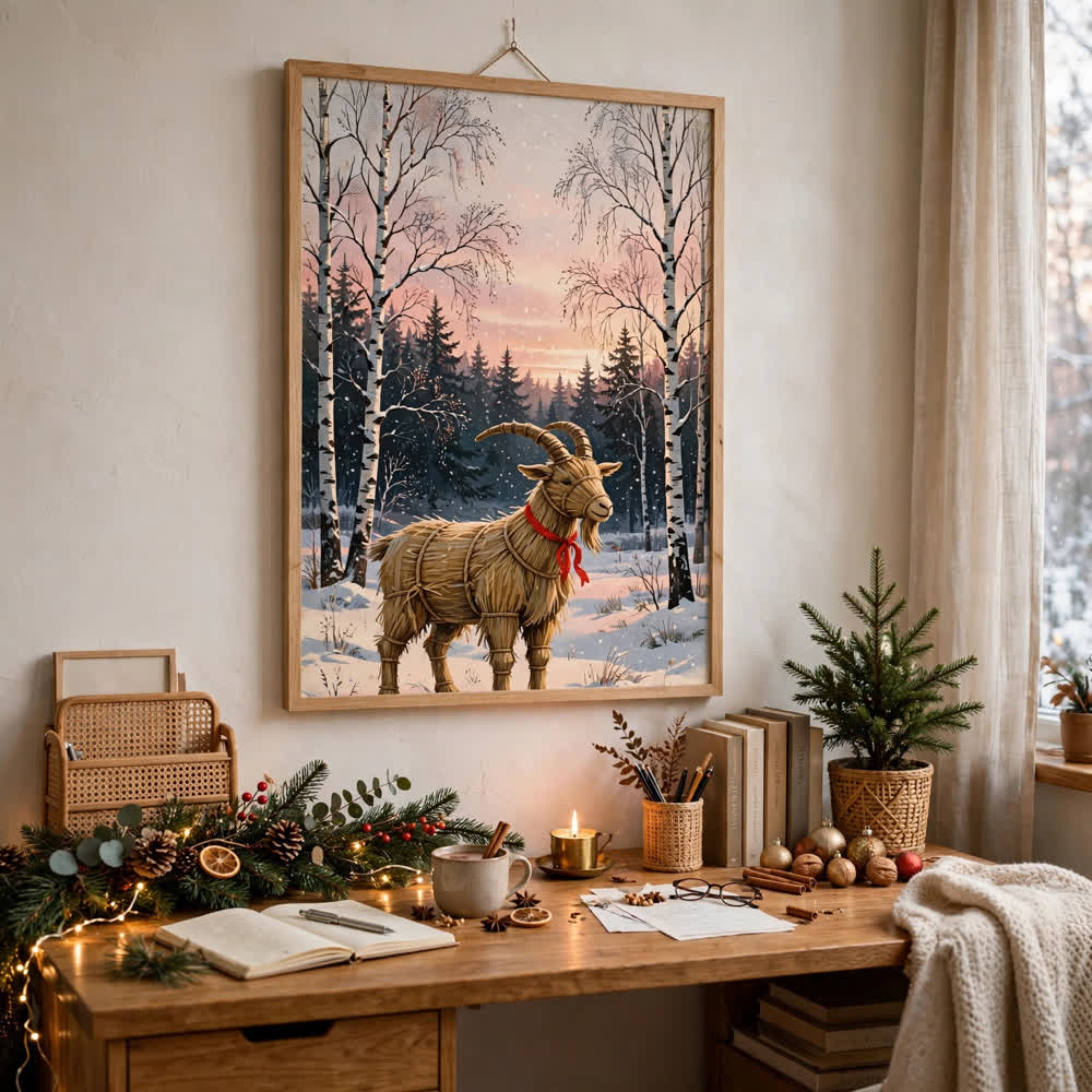 Yule Goat at Dawn — Vintage Winter Landscape Poster